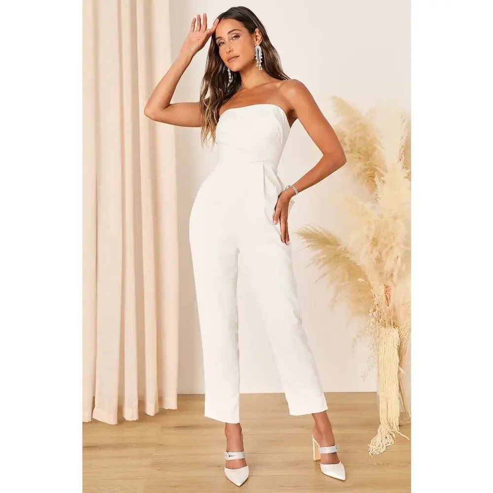 NWT Lulus Beloved Bliss Ivory Strapless Slim Leg Bow Jumpsuit Party Classy Sz S